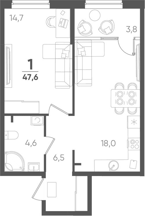 Продается 1-комн. квартира, 43.8 м²