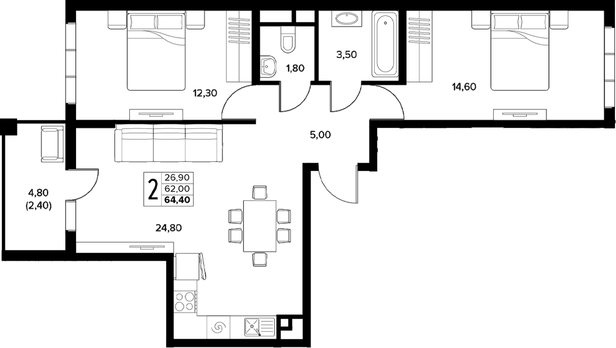 Продается 2-комн. квартира, 62 м²