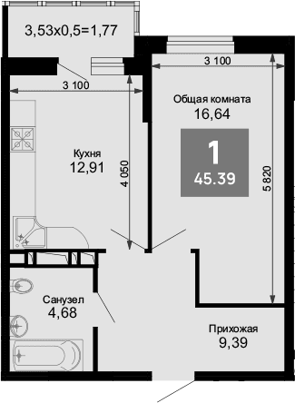 Продается 1-комн. квартира, 43.62 м²