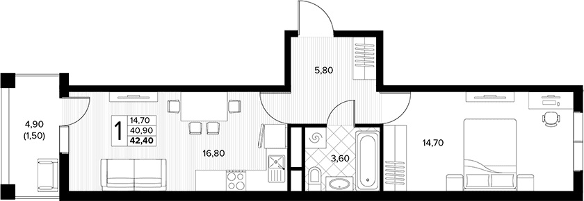 Продается 1-комн. квартира, 40.9 м²
