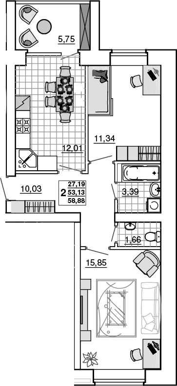 Продается 2-комн. квартира, 53.13 м²