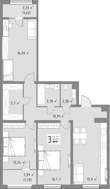 Продается 3-комн. квартира, 83.2 м²