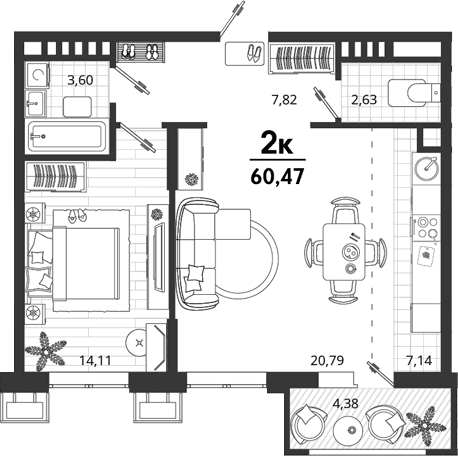 Продается 1-комн. квартира, 56.09 м²