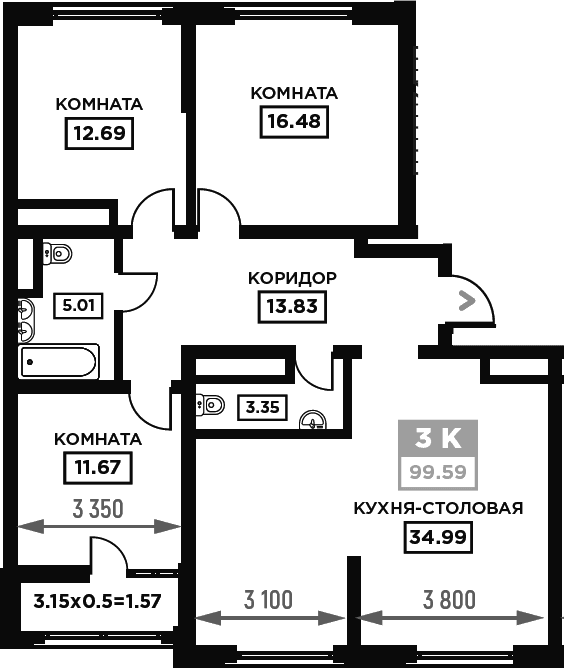 Продается 4-комн. квартира, 98.02 м²