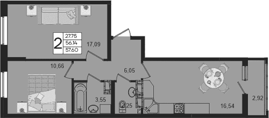 Продается 2-комн. квартира, 56.14 м²
