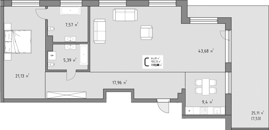 Продается 1-комн. квартира, 105.13 м²