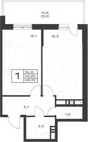 Продается 1-комн. квартира, 42.1 м²