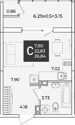 Продается 1-комн. квартира, 22.83 м²