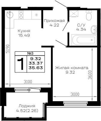Продается 1-комн. квартира, 33.37 м²