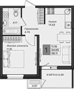 Продается 1-комн. квартира, 34.95 м²