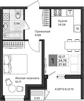 Продается 1-комн. квартира, 34.76 м²