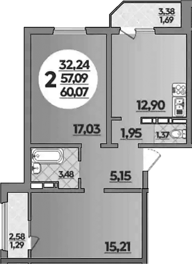 Продается 2-комн. квартира, 57.09 м²