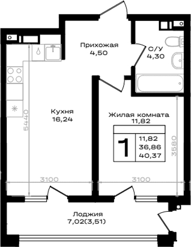 Продается 1-комн. квартира, 36.86 м²
