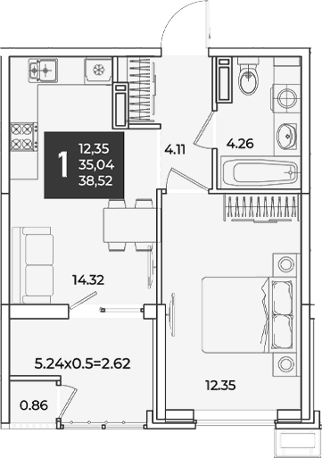 Продается 1-комн. квартира, 35.04 м²