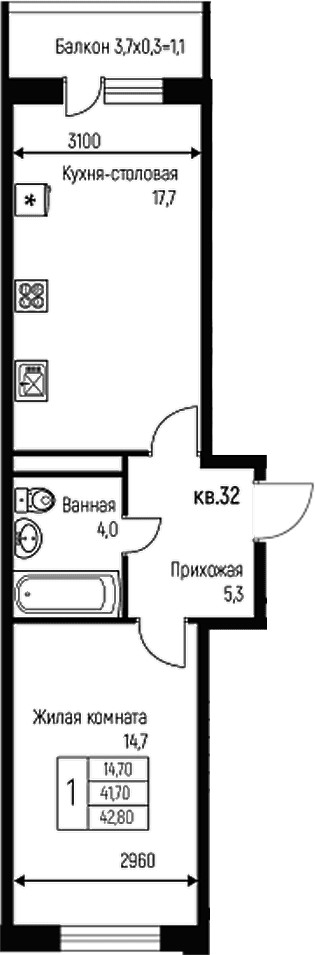 Продается 2-комн. квартира, 41.7 м²