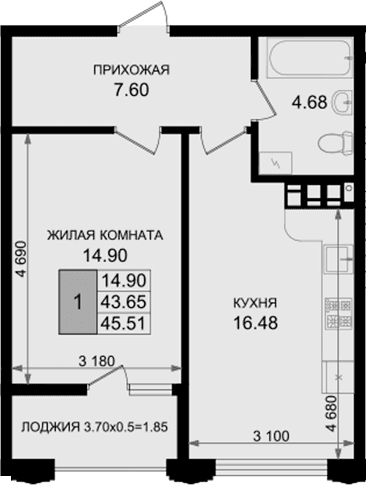 Продается 1-комн. квартира, 43.66 м²