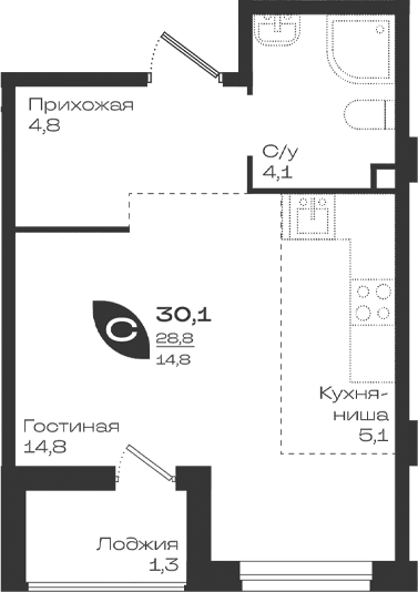 Продается 1-комн. квартира, 28.8 м²