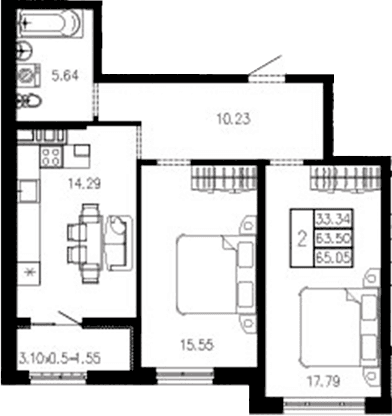 Продается 2-комн. квартира, 63.72 м²