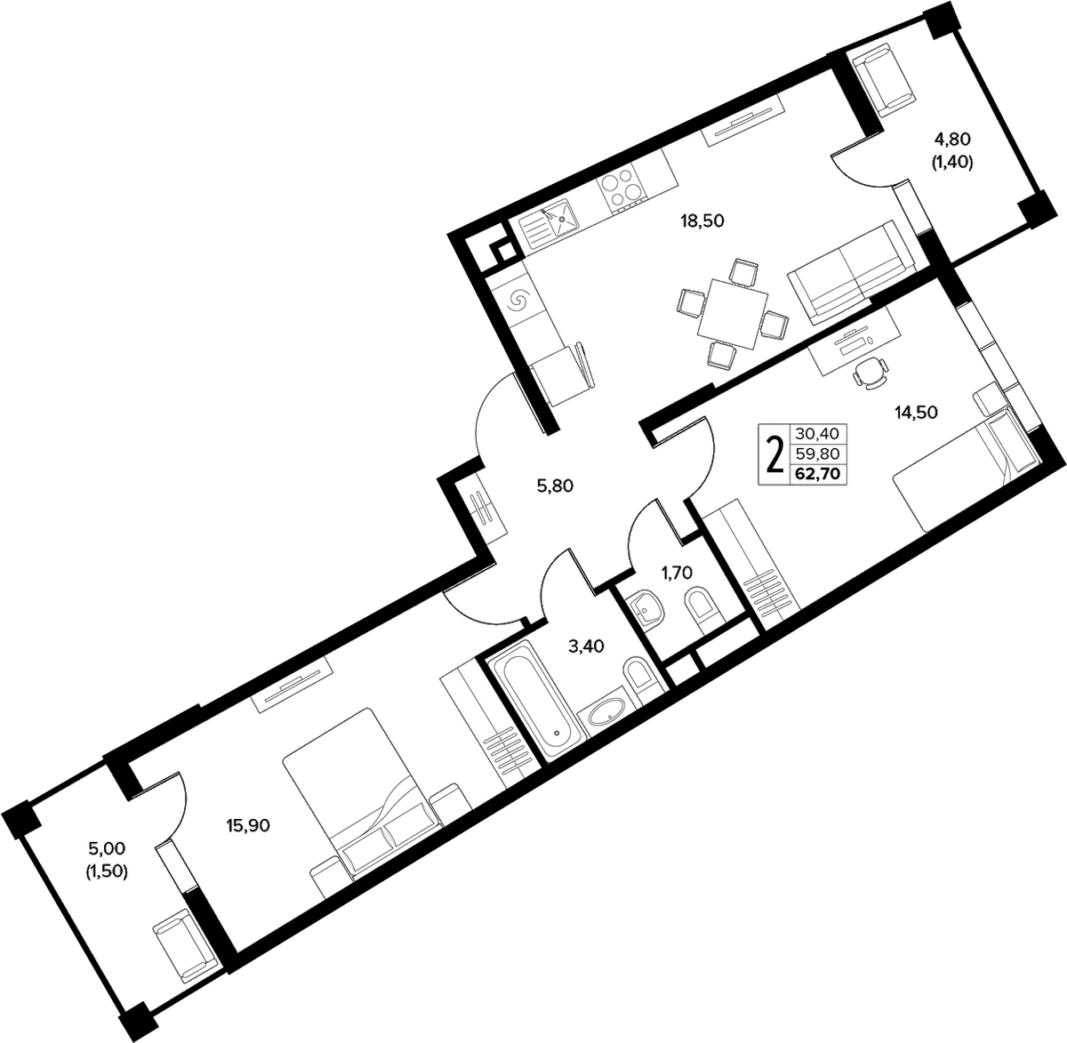 Продается 2-комн. квартира, 59.8 м²