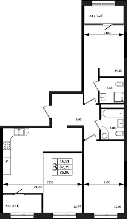 Продается 3-комн. квартира, 82.79 м²