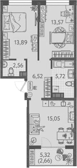 Продается 2-комн. квартира, 57.31 м²