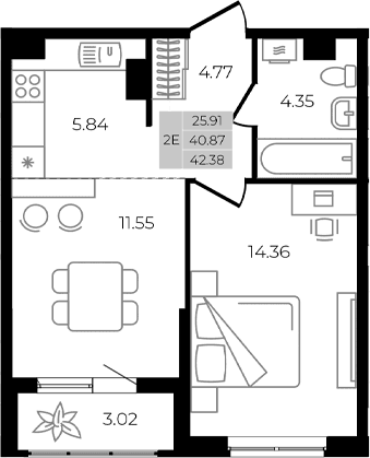 Продается 2-комн. квартира, 40.87 м²