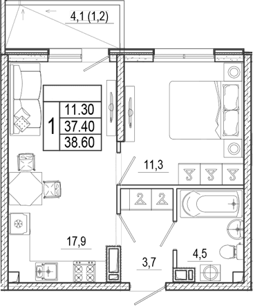 Продается 2-комн. квартира, 37.4 м²