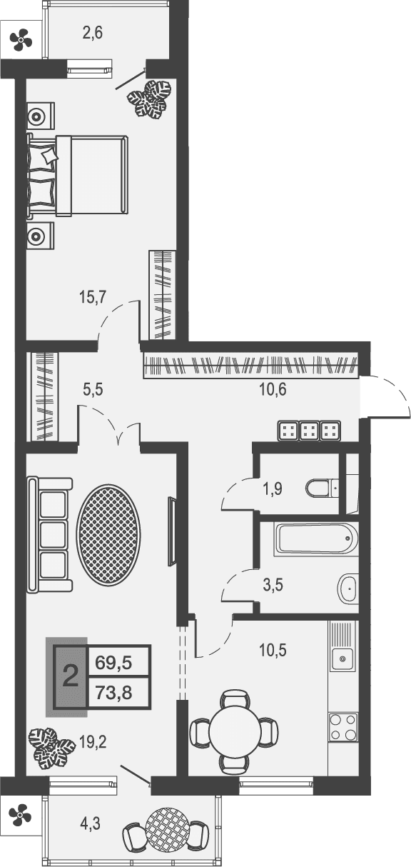 Продается 2-комн. квартира, 66.91 м²
