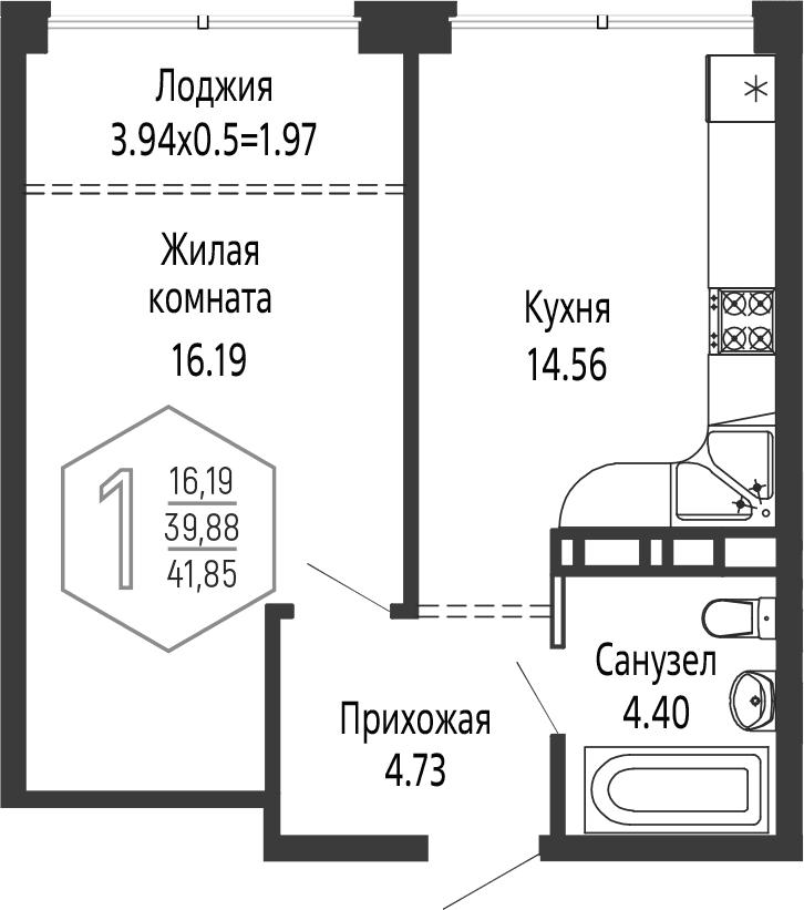 Продается 1-комн. квартира, 39.88 м²