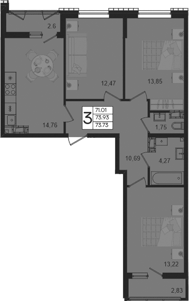 Продается 3-комн. квартира, 71.01 м²
