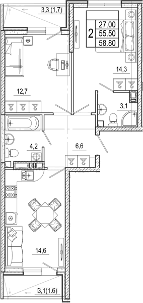Продается 2-комн. квартира, 55.5 м²