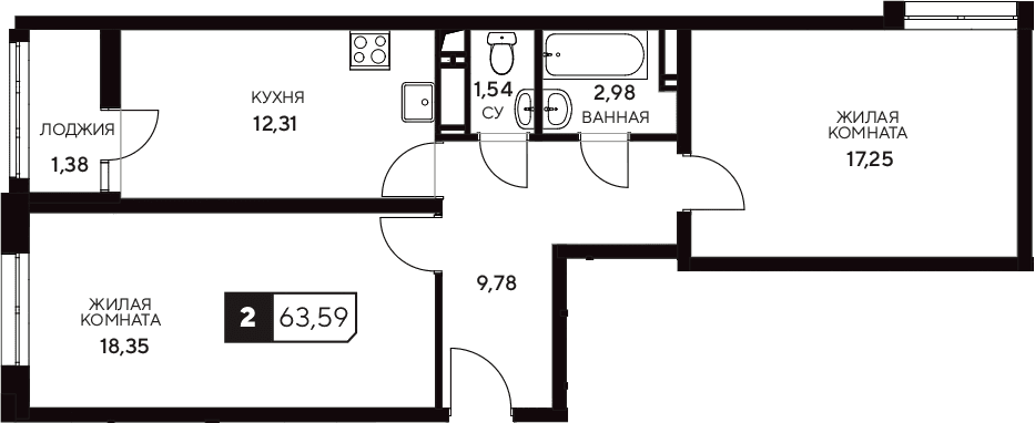 Продается 2-комн. квартира, 62.21 м²