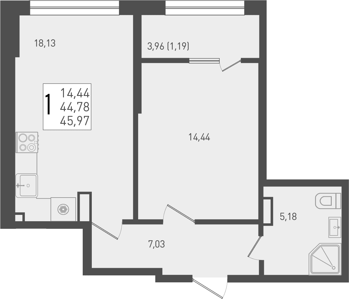Продается 1-комн. квартира, 44.78 м²