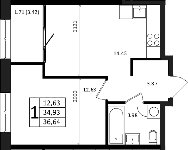 Продается 2-комн. квартира, 34.93 м²