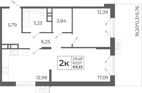 Продается 2-комн. квартира, 63.57 м²