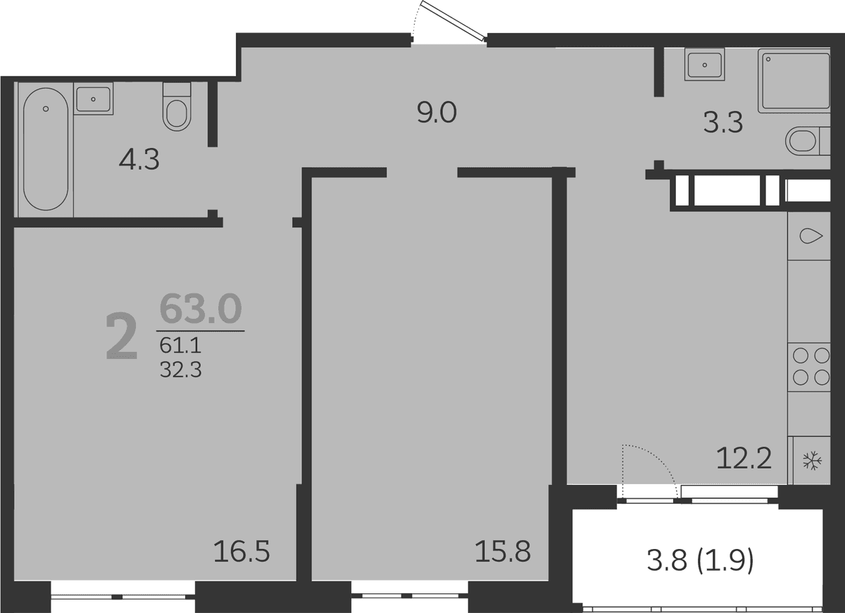 Продается 2-комн. квартира, 61.1 м²