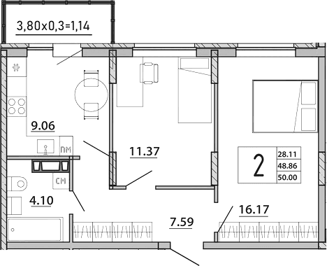 Продается 2-комн. квартира, 48.86 м²