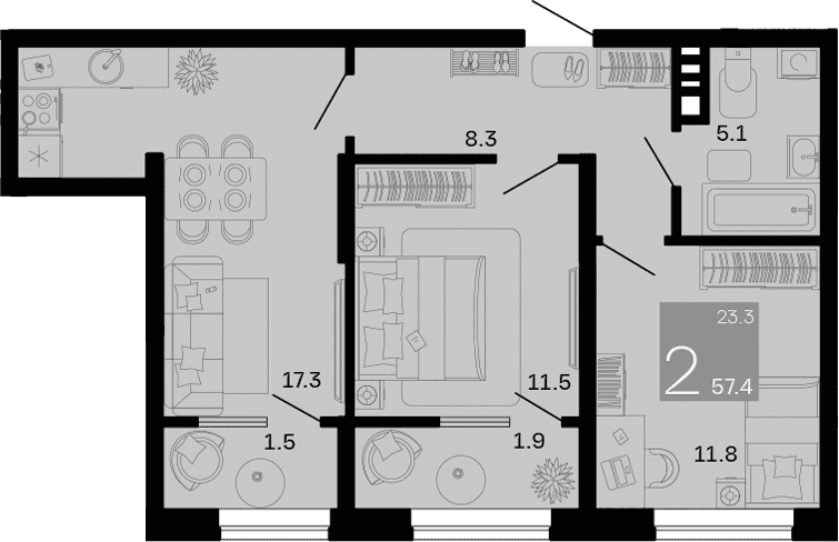Продается 2-комн. квартира, 54 м²