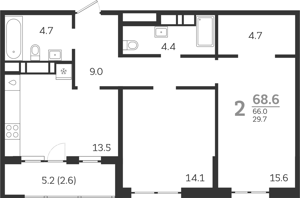 Продается 2-комн. квартира, 66 м²