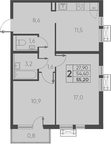 Продается 2-комн. квартира, 54.4 м²