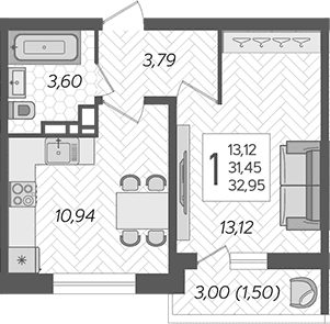 Продается 1-комн. квартира, 31.45 м²