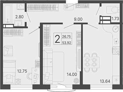 Продается 2-комн. квартира, 53.92 м²