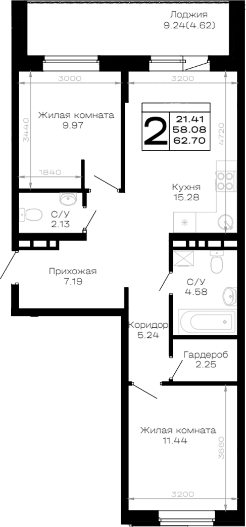 Продается 2-комн. квартира, 58.08 м²