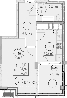 Продается 1-комн. квартира, 34.46 м²
