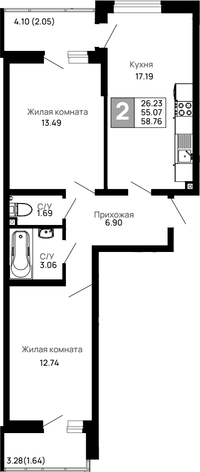 Продается 2-комн. квартира, 55.07 м²