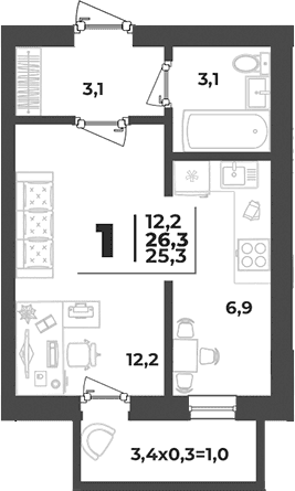 Продается 1-комн. квартира, 25.3 м²