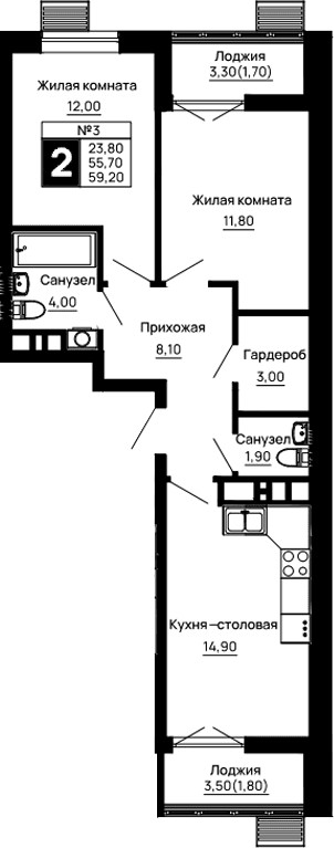 Продается 2-комн. квартира, 55.7 м²
