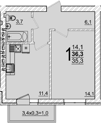 Продается 1-комн. квартира, 34.7 м²