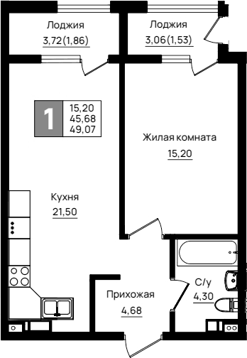 Продается 1-комн. квартира, 45.68 м²