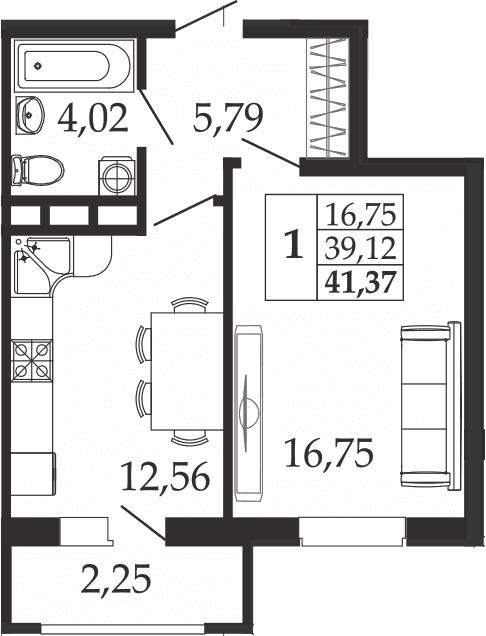 Продается 1-комн. квартира, 39.12 м²